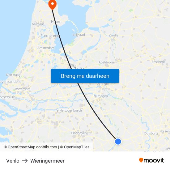 Venlo to Wieringermeer map