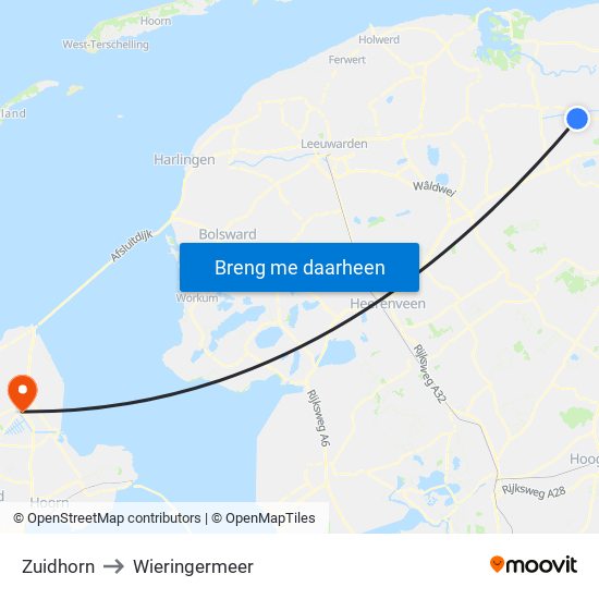 Zuidhorn to Wieringermeer map
