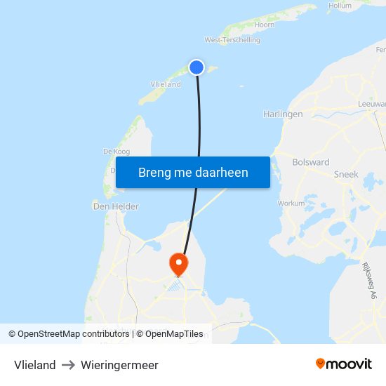 Vlieland to Wieringermeer map
