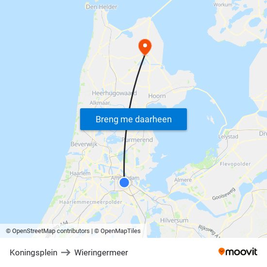 Koningsplein to Wieringermeer map