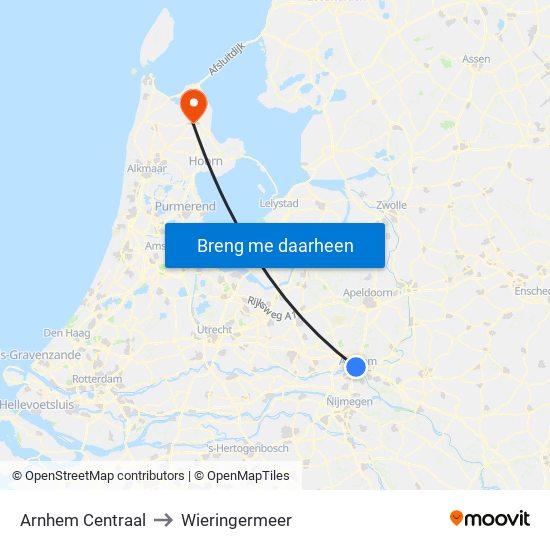 Arnhem Centraal to Wieringermeer map