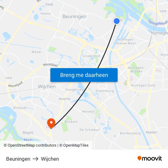 Beuningen to Wijchen map