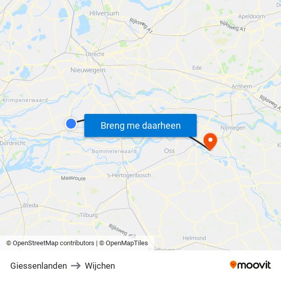 Giessenlanden to Wijchen map