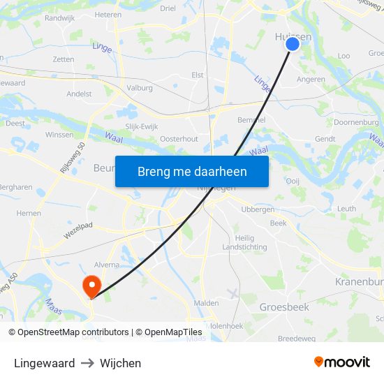 Lingewaard to Wijchen map