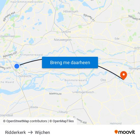 Ridderkerk to Wijchen map