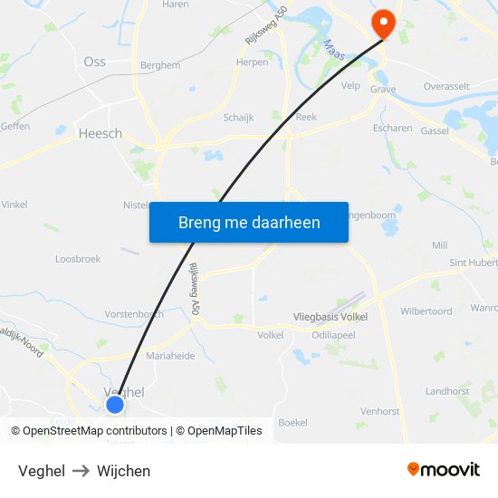 Veghel to Wijchen map