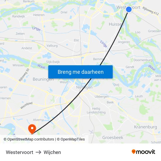 Westervoort to Wijchen map
