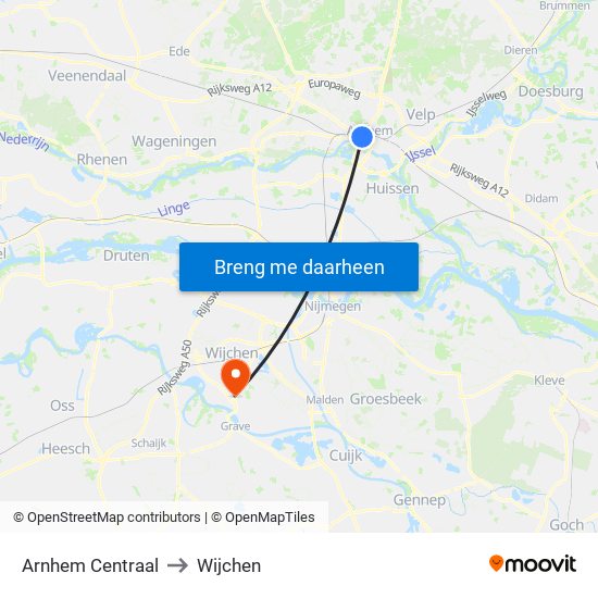 Arnhem Centraal to Wijchen map