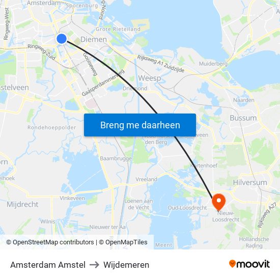 Amsterdam Amstel to Wijdemeren map