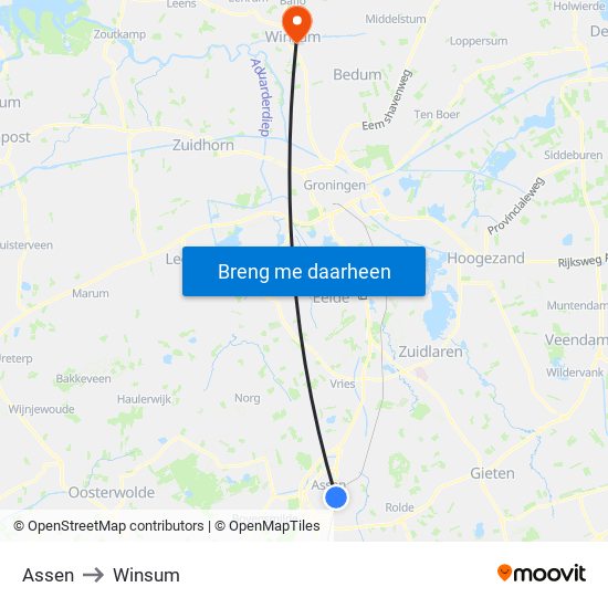 Assen to Winsum map