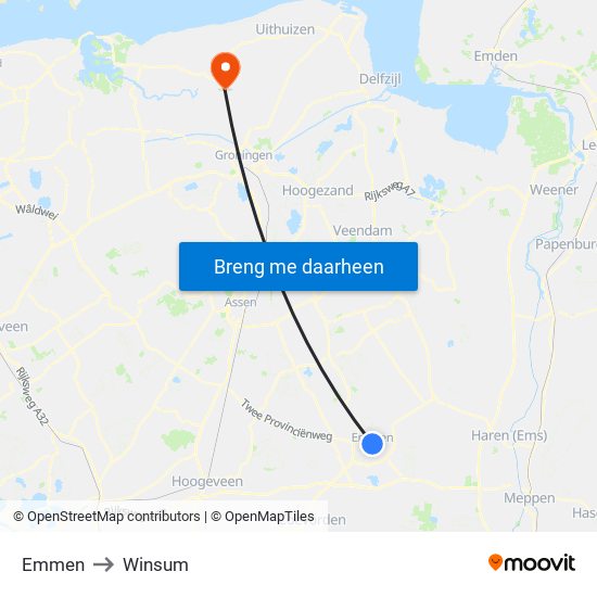 Emmen to Winsum map