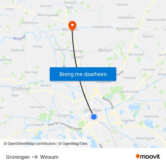 Groningen to Winsum map