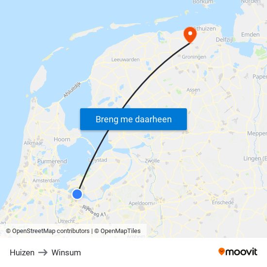 Huizen to Winsum map