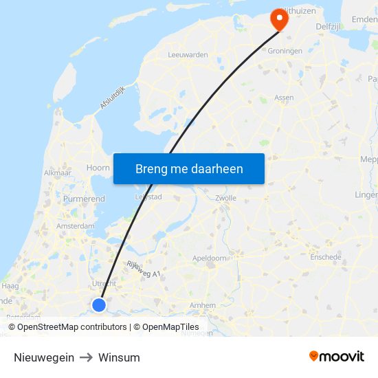 Nieuwegein to Winsum map