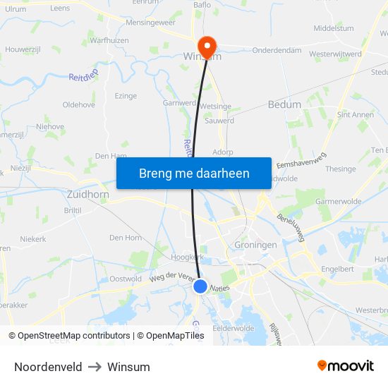 Noordenveld to Winsum map