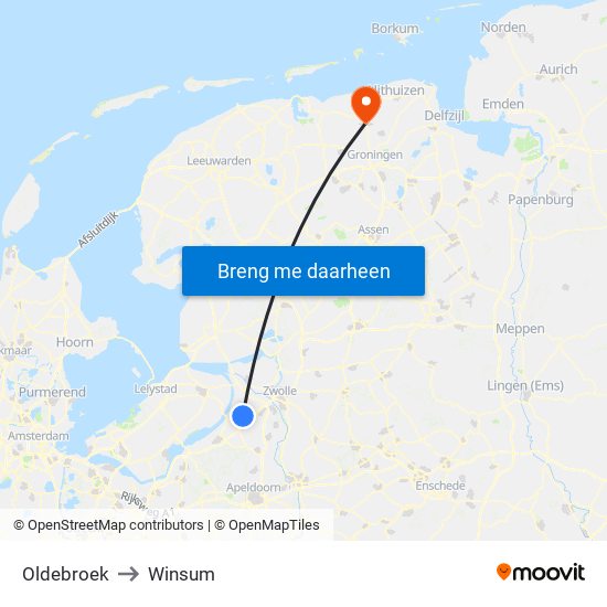 Oldebroek to Winsum map