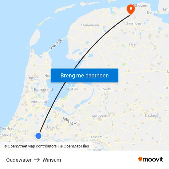 Oudewater to Winsum map