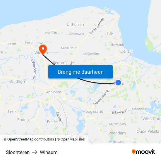 Slochteren to Winsum map