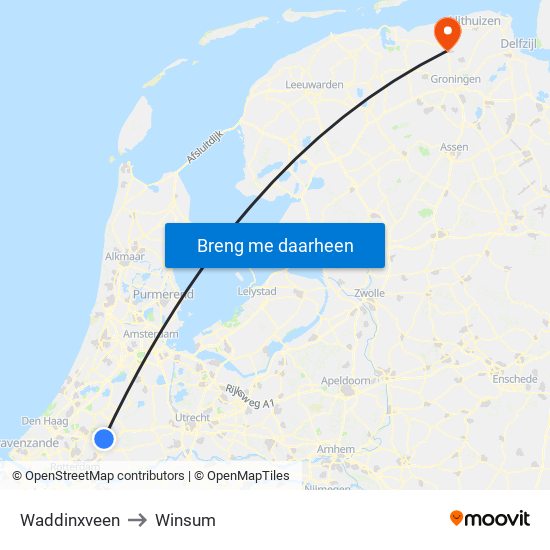 Waddinxveen to Winsum map