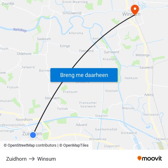 Zuidhorn to Winsum map