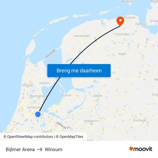 Bijlmer Arena to Winsum map