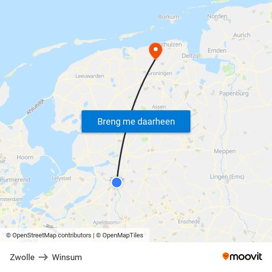 Zwolle to Winsum map