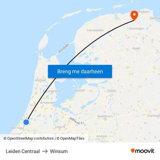 Leiden Centraal to Winsum map