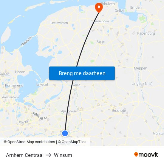 Arnhem Centraal to Winsum map