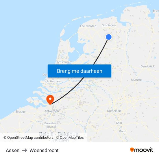 Assen to Woensdrecht map