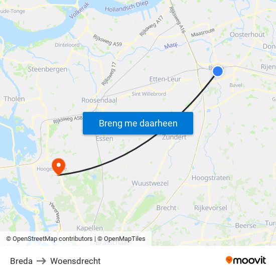 Breda to Woensdrecht map