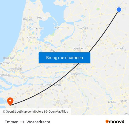 Emmen to Woensdrecht map
