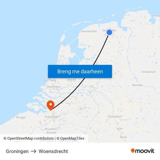 Groningen to Woensdrecht map