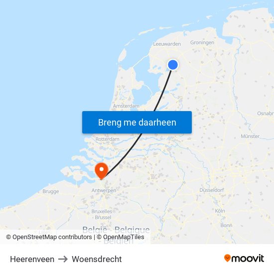 Heerenveen to Woensdrecht map