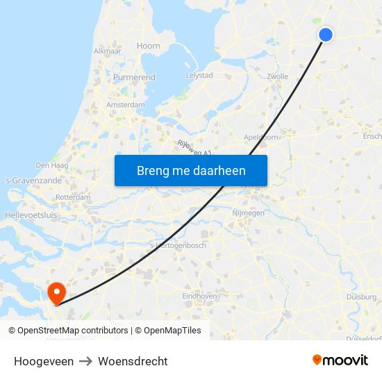 Hoogeveen to Woensdrecht map