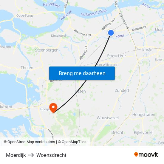 Moerdijk to Woensdrecht map