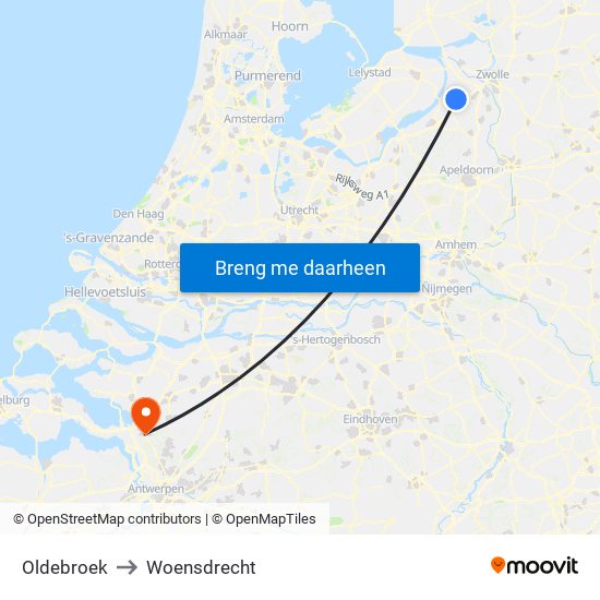 Oldebroek to Woensdrecht map
