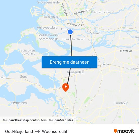 Oud-Beijerland to Woensdrecht map
