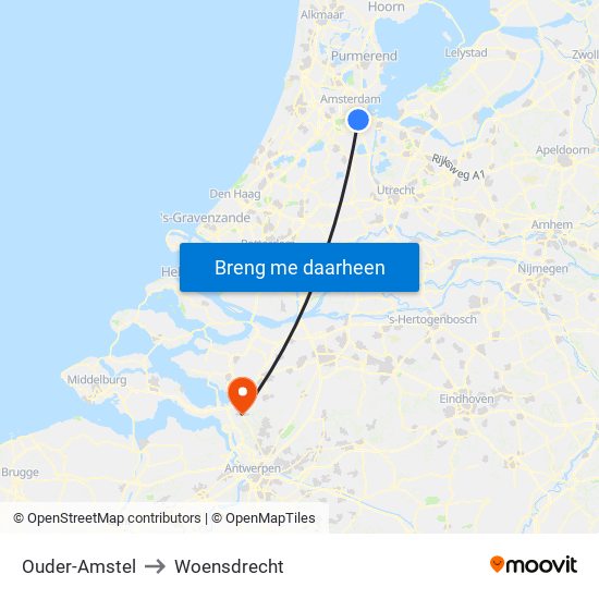 Ouder-Amstel to Woensdrecht map