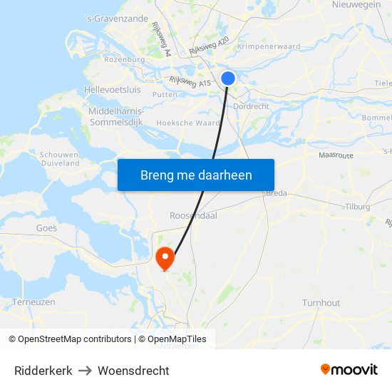 Ridderkerk to Woensdrecht map