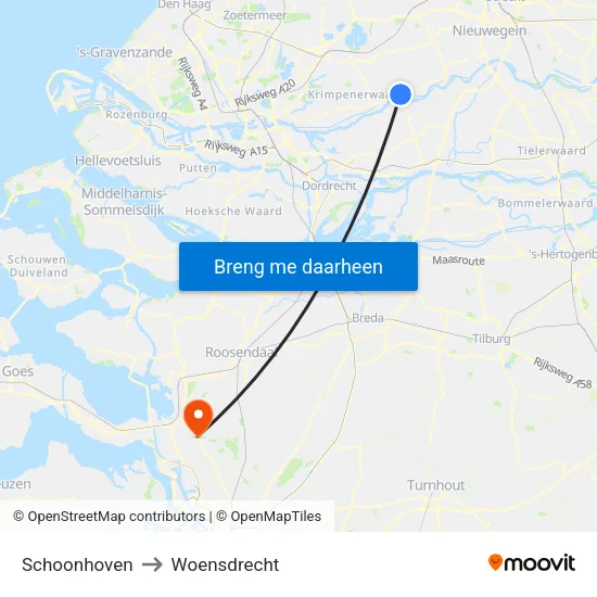 Schoonhoven to Woensdrecht map