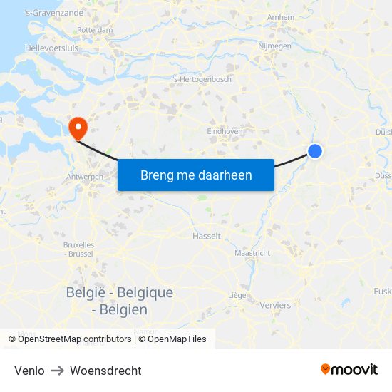 Venlo to Woensdrecht map