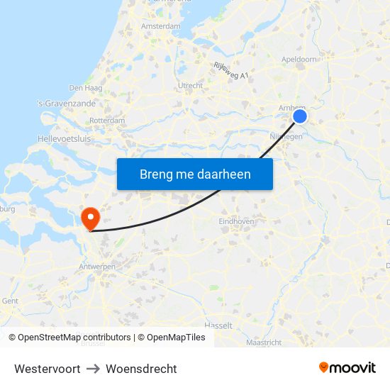 Westervoort to Woensdrecht map