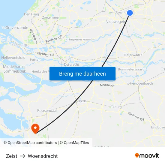 Zeist to Woensdrecht map