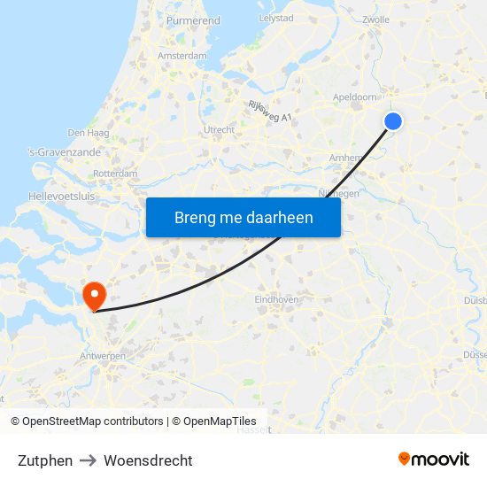 Zutphen to Woensdrecht map