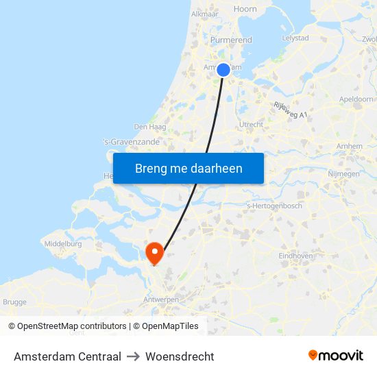 Amsterdam Centraal to Woensdrecht map