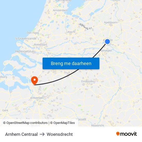 Arnhem Centraal to Woensdrecht map