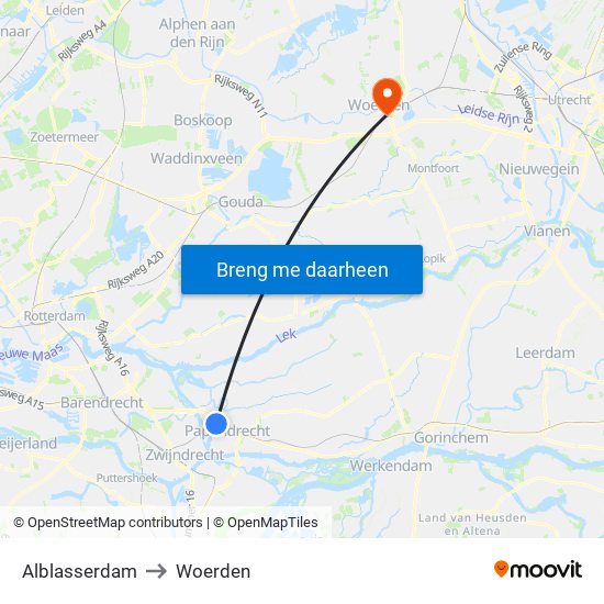 Alblasserdam to Woerden map