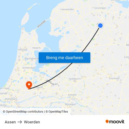 Assen to Woerden map