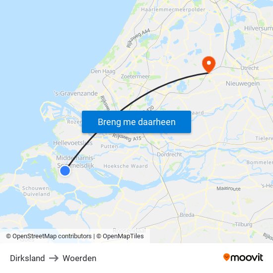 Dirksland to Woerden map