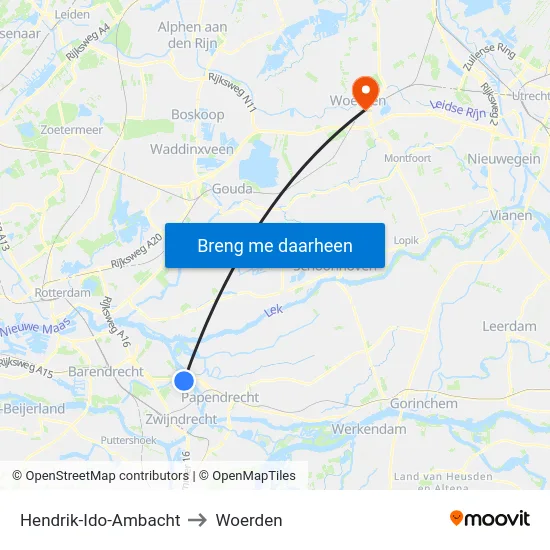 Hendrik-Ido-Ambacht to Woerden map